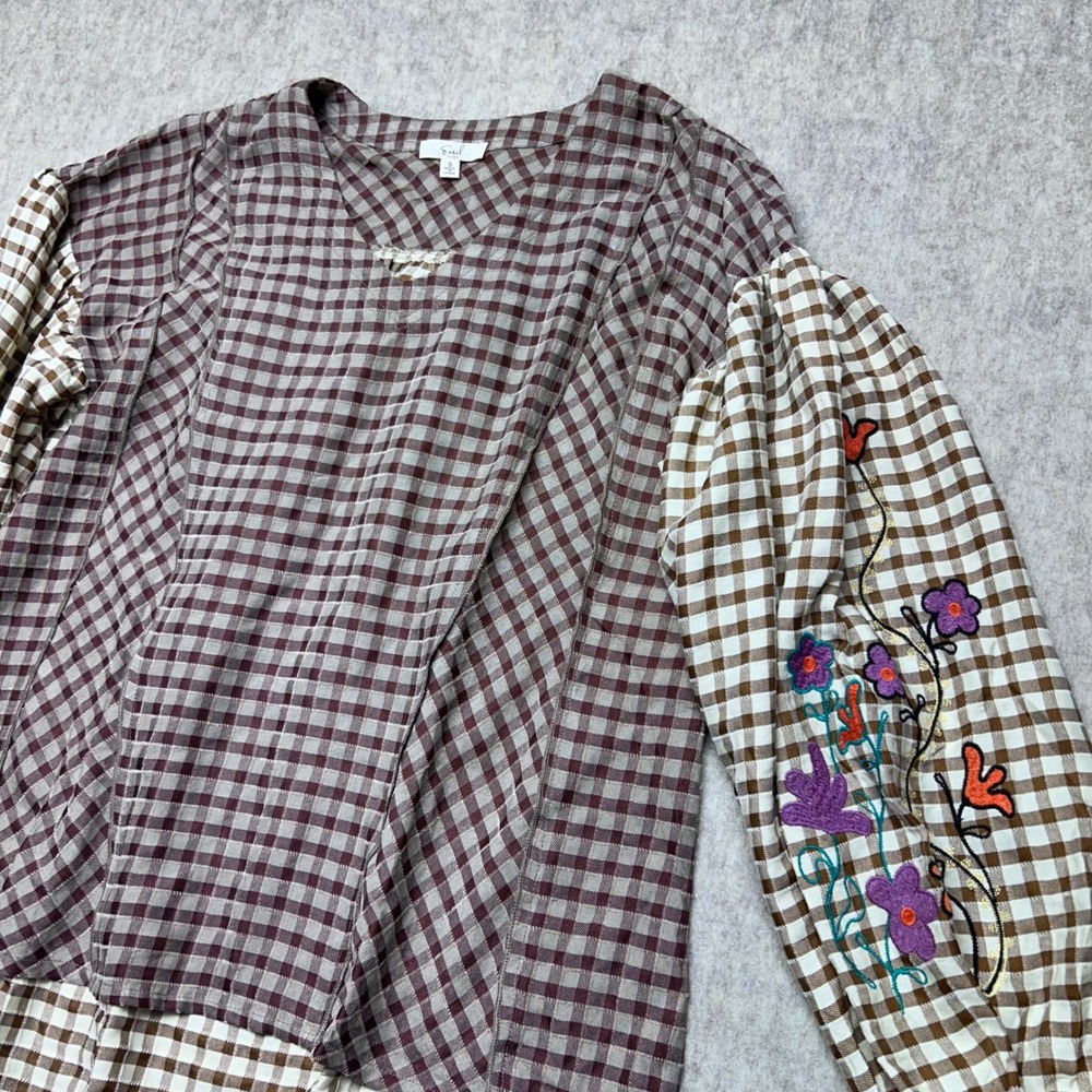 Easel Anthropology Los Angeles Boho Tan Gingham Embroidered Sleeve Top Womens Sm